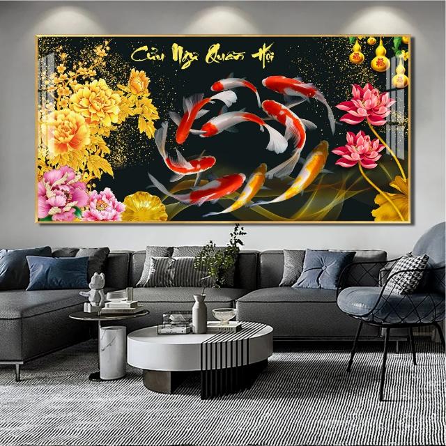Tranh Cửu Ngư Quần Hội: Hút Tài Lộc Bền Vững 3 Tranh Cửu Ngư Quần Hội với hình ảnh cá chép bơi lội dưới cành hoa mai vàng