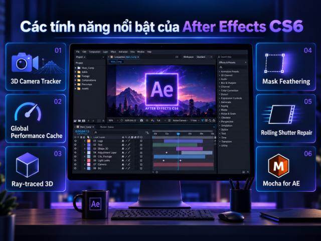 Các tính năng nổi bật của after effect cs6 gồm 3D Camera Tracker, Global Performance Cache và Ray-traced 3D 
